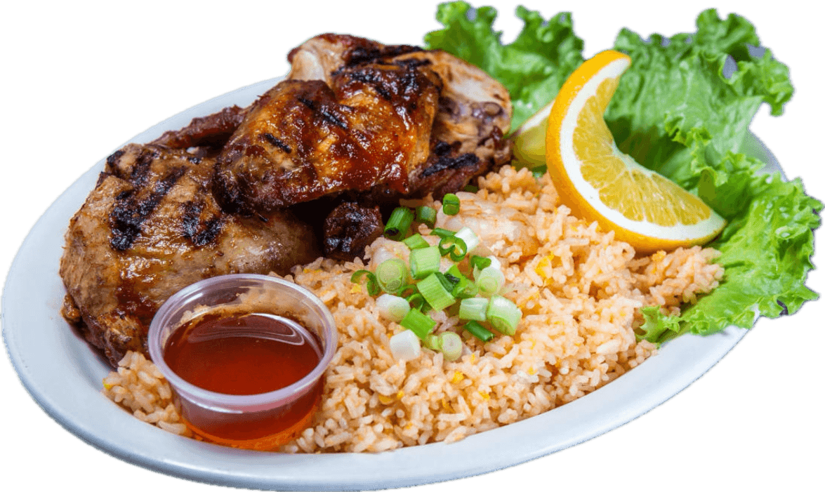 Barbeque chicken plate with fried rice and dipping sauce