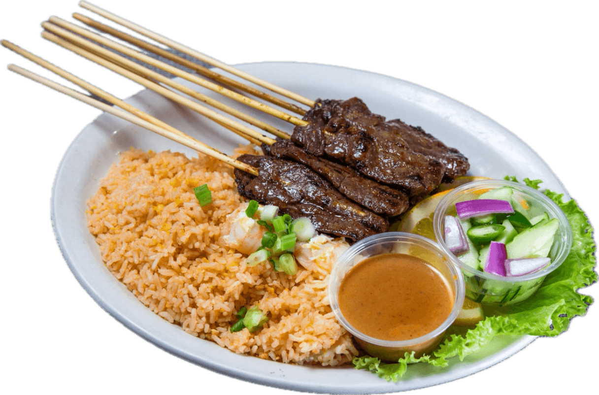 Beef satay skewers with fried rice, peanut sauce, and cucumber relish