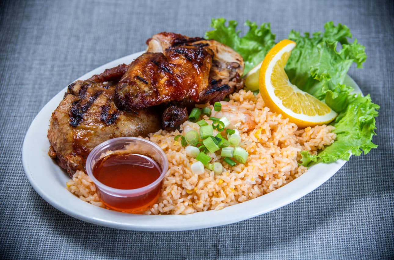 Kai Yang chicken - Thai BBQ grilled chicken with fried rice and dipping sauce