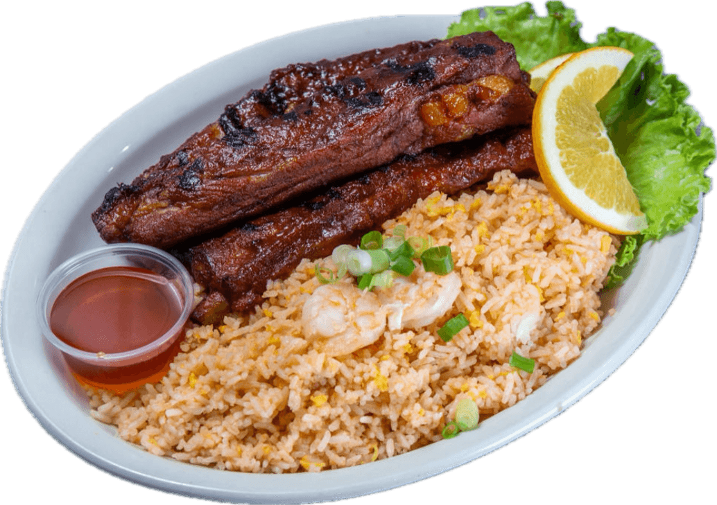 Thai spare ribs with fried rice, orange slice, and dipping sauce